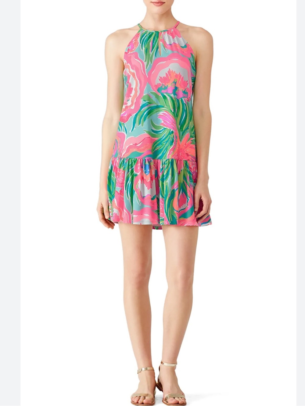 Lilly Pulitzer Isabeau Dress Serene Blue Paradise Bound Stretch Pink Green L